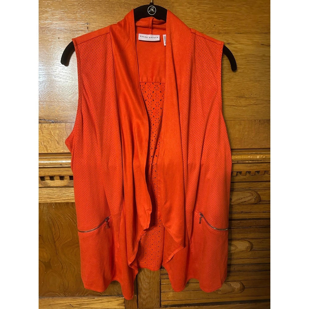 Susan Graver‎ Western Boho Festival Orange Draped Open Front Vest Faux Suede